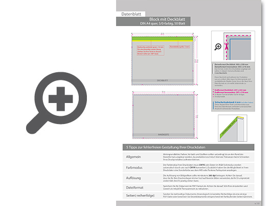 Product Bild block_mit_leimbindung_und_deckblatt__din_a4_quer__50_blatt__5_0_farbig_einseitig_bedruckt_(cmyk_4-farbig_+_1_sonderfarbe_hks_oder_pantone)